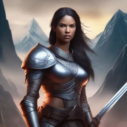 A warrior woman in a fantasy setting, wearing minimal armor and holding a sword