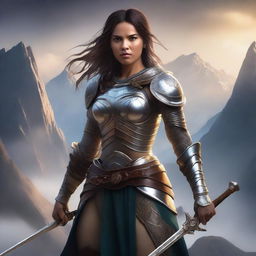 A warrior woman in a fantasy setting, wearing minimal armor and holding a sword