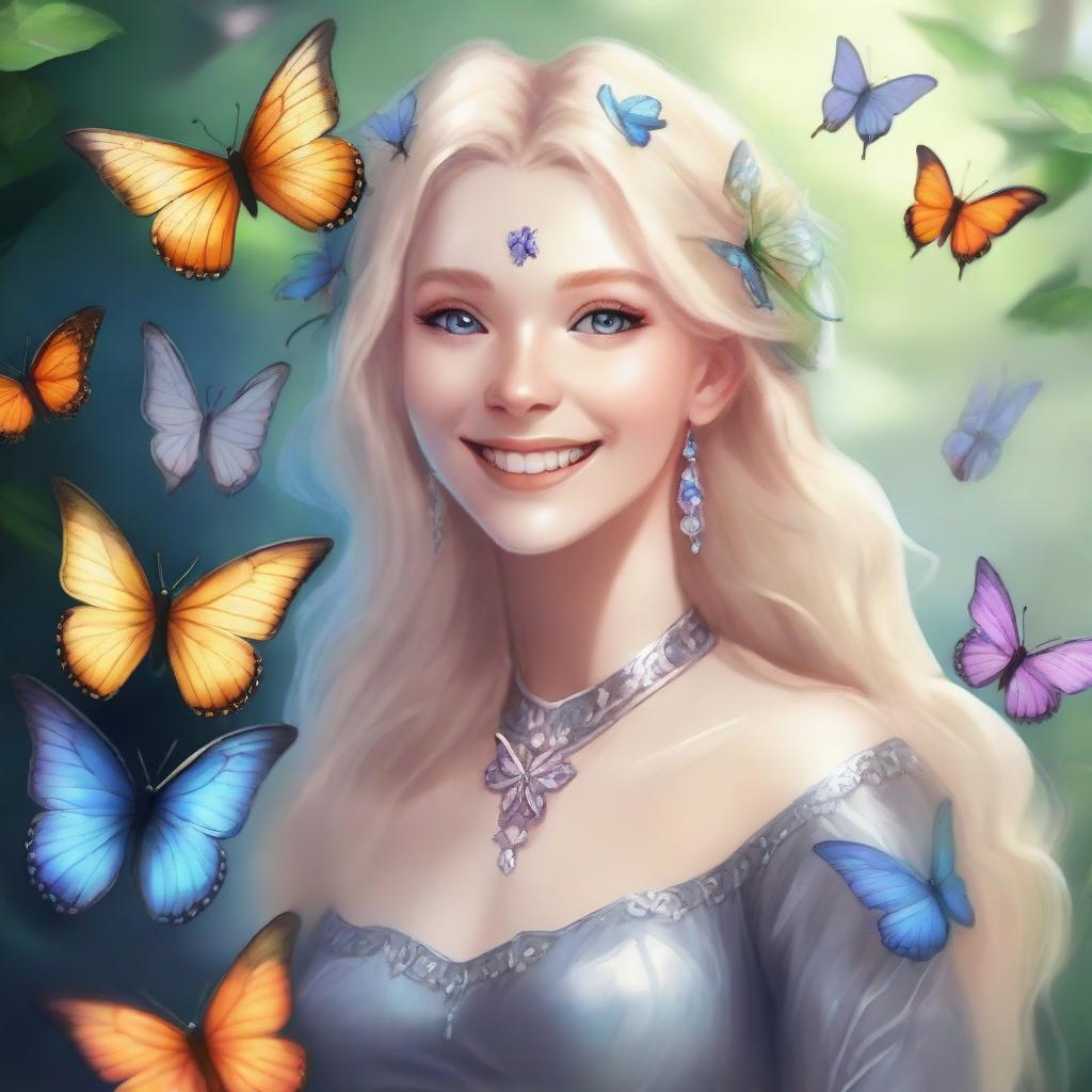 A female aasimar druid with blonde hair, silver skin, and topaz eyes