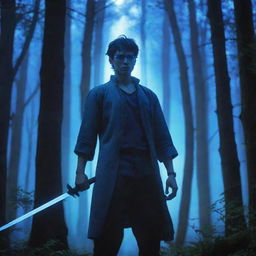 An anime-style image of a man with blue glasses and a sword, standing in a dense forest illuminated by a bluish light