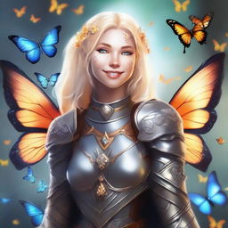 A female aasimar druid with blonde hair, silver skin, and topaz eyes