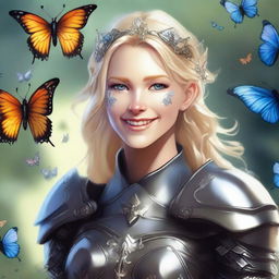 A female aasimar druid with blonde hair, silver skin, and topaz eyes