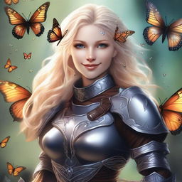 A female aasimar druid with blonde hair, silver skin, and topaz eyes