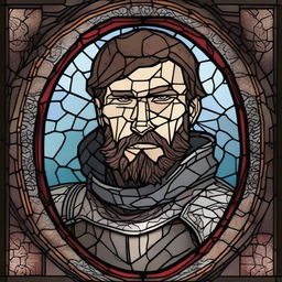 A dark DND illustration of a 30-year-old medieval soldier with no helmet, wearing a grizzled expression, done in a stained glass style