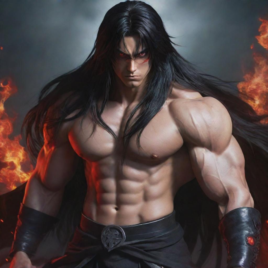 A teenage anime character with a muscular build, furious red eyes, and long dark hair, emanating dark magic. He is wearing traditional warrior clothing.