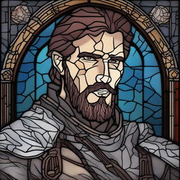 A dark DND illustration of a 30-year-old medieval soldier with no helmet, wearing a grizzled expression, done in a stained glass style