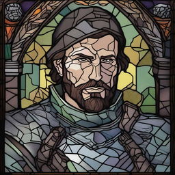 A dark DND illustration of a 30-year-old medieval soldier with no helmet, wearing a grizzled expression, done in a stained glass style