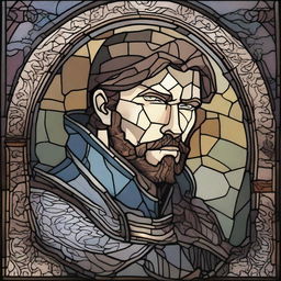 A dark DND illustration of a 30-year-old medieval soldier with no helmet, wearing a grizzled expression, done in a stained glass style