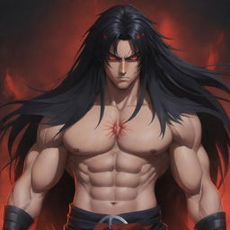 A teenage anime character with a muscular build, furious red eyes, and long dark hair, emanating dark magic. He is wearing traditional warrior clothing.