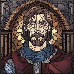 A dark DND illustration of a 30-year-old medieval lord wearing a grizzled expression, done in a stained glass style