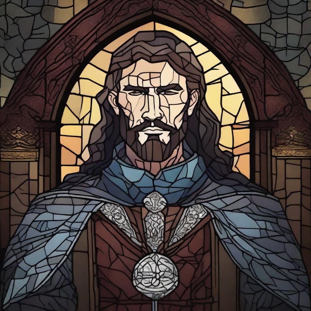 A dark DND illustration of a 30-year-old medieval lord wearing a grizzled expression, done in a stained glass style