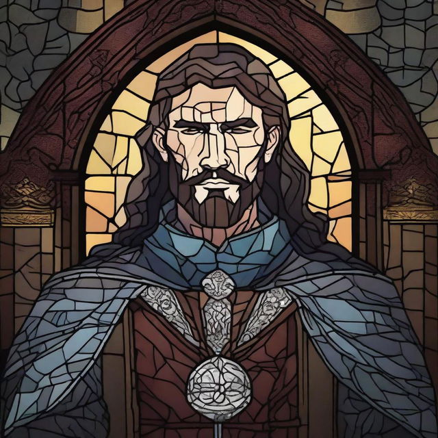 A dark DND illustration of a 30-year-old medieval lord wearing a grizzled expression, done in a stained glass style