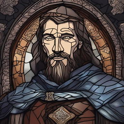 A dark DND illustration of a 30-year-old medieval lord wearing a grizzled expression, done in a stained glass style