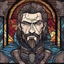 A dark DND illustration of a 30-year-old medieval lord with a grizzled expression, done in a stained glass style