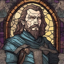 A dark DND illustration of a 30-year-old medieval lord with a grizzled expression, done in a stained glass style