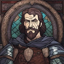 A dark DND illustration of a 30-year-old medieval lord with a grizzled expression, done in a stained glass style