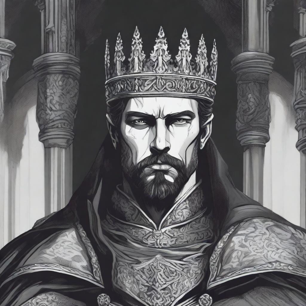 A dark DND illustration in black and white of a 30-year-old medieval lord wearing a crown