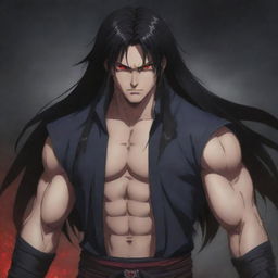 A teenage anime character with a muscular build, furious red eyes, and long dark hair, emanating dark magic. He is wearing traditional warrior clothing.