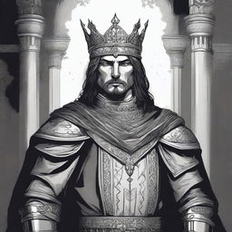 A dark DND illustration in black and white of a 30-year-old medieval lord wearing a crown