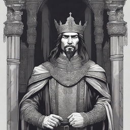 A dark DND illustration in black and white of a 30-year-old medieval lord wearing a crown