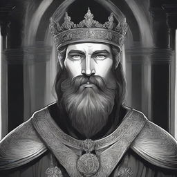 A dark DND illustration in black and white of a 30-year-old medieval lord with a full beard, wearing a crown