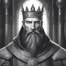 A dark DND illustration in black and white of a 30-year-old medieval lord with a full beard, wearing a crown