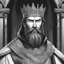 A dark DND illustration in black and white of a 30-year-old medieval lord with a full beard, wearing a crown