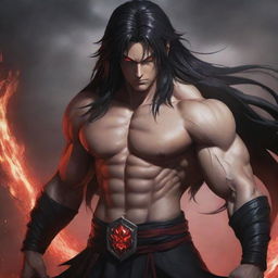 A teenage anime character with a muscular build, furious red eyes, and long dark hair, emanating dark magic. He is wearing traditional warrior clothing.