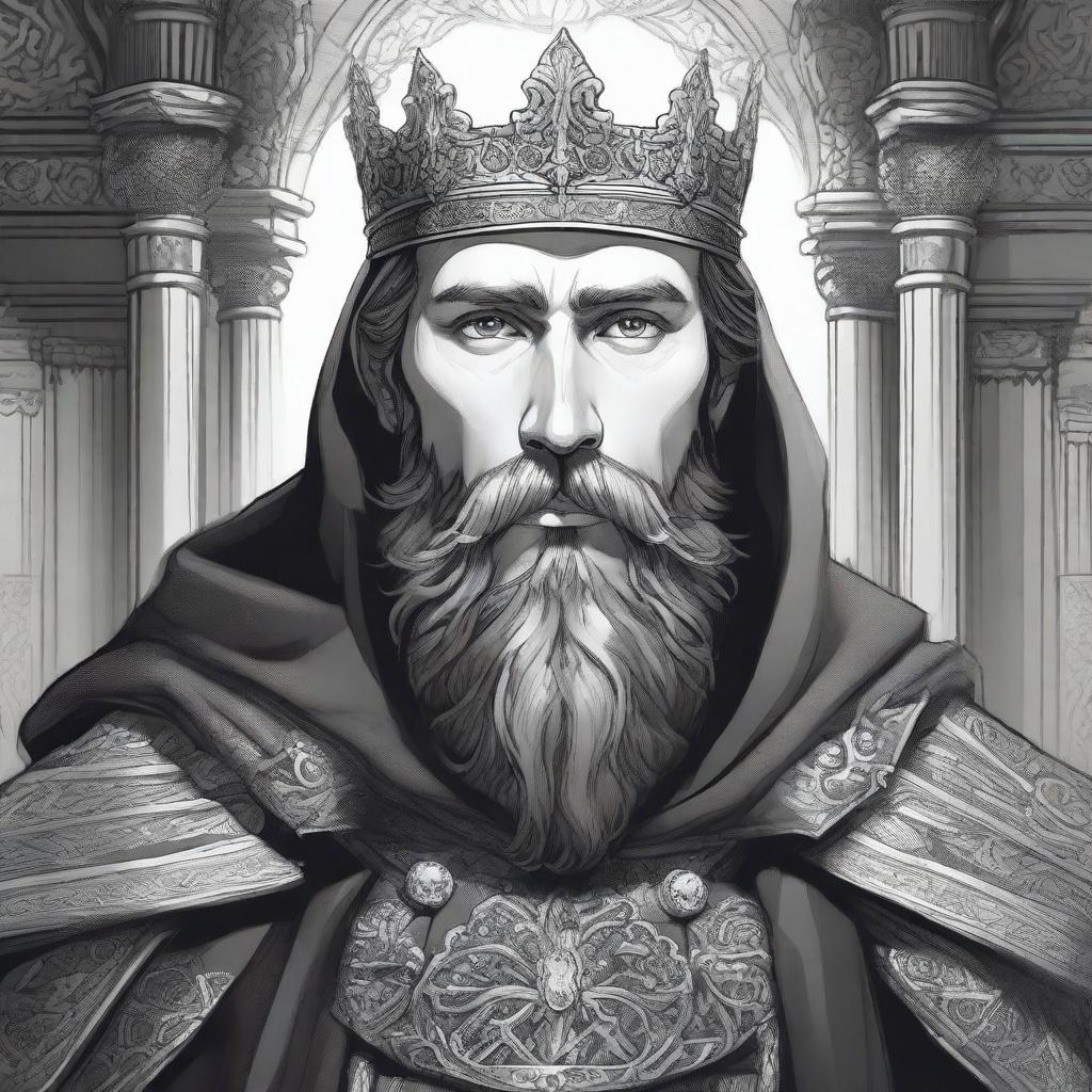 A dark DND illustration in black and white of a 30-year-old medieval lord with a full beard, wearing a crown