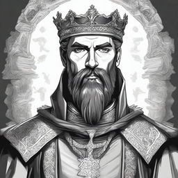 A dark DND illustration in black and white of a 30-year-old medieval lord with a full short beard, wearing a crown