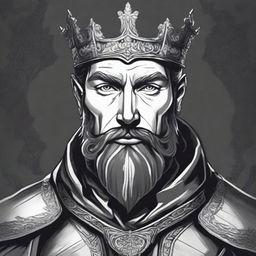 A dark DND illustration in black and white of a 30-year-old medieval lord with a full short beard, wearing a crown