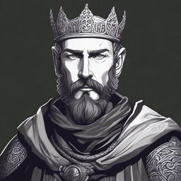 A dark DND illustration in black and white of a 30-year-old medieval lord with a full short beard, wearing a crown