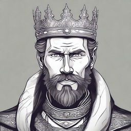 A dark DND illustration in black and white of a 30-year-old medieval lord with a full short beard, wearing a crown