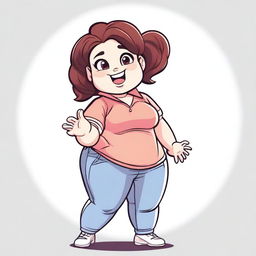 A chubby girl with vampire teeth, standing in a playful pose