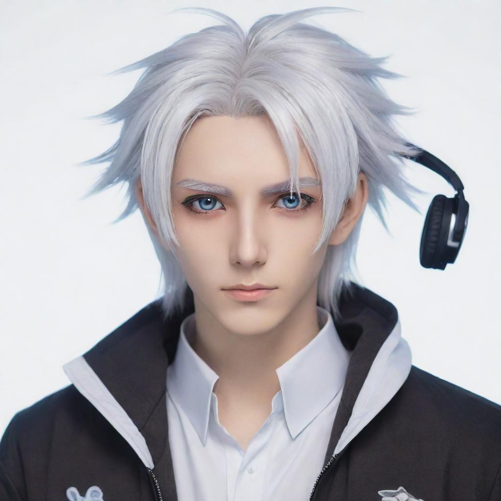 An anime-inspired male character with white hair and enchanting Gojo-like eyes, with a distinctly non-realistic, illustrative style. He has various gaming-themed accessories.