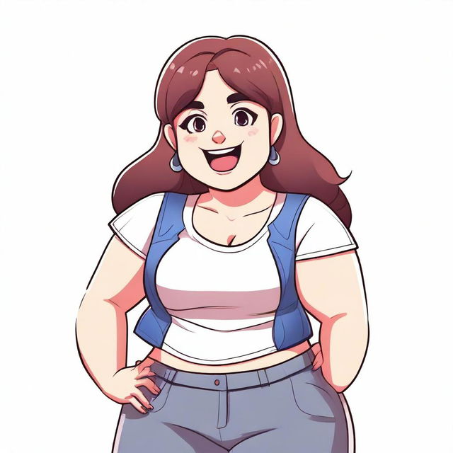 A chubby girl with vampire teeth, standing in a playful pose