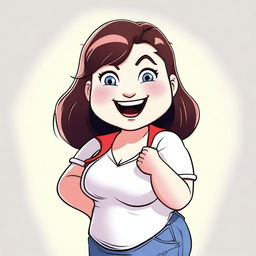 A chubby girl with vampire teeth, standing in a playful pose