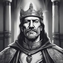 A dark DND illustration in black and white of a 40-year-old medieval lord wearing a crown