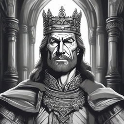 A dark DND illustration in black and white of a 40-year-old medieval lord wearing a crown