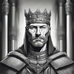 A dark DND illustration in black and white of a 40-year-old medieval lord wearing a crown