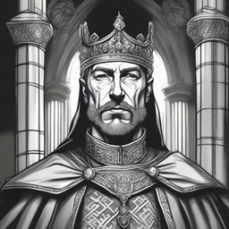 A dark DND illustration in black and white of a 40-year-old medieval lord wearing a crown