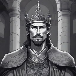 A dark DND illustration in black and white of a 30-year-old medieval lord wearing a crown