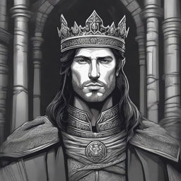 A dark DND illustration in black and white of a 30-year-old medieval lord wearing a crown