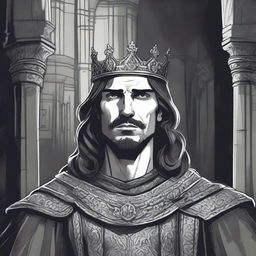 A dark DND illustration in black and white of a 30-year-old medieval lord wearing a crown