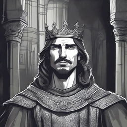 A dark DND illustration in black and white of a 30-year-old medieval lord wearing a crown