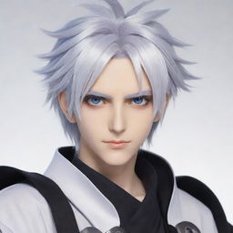 An anime-inspired male character with white hair and enchanting Gojo-like eyes, with a distinctly non-realistic, illustrative style. He has various gaming-themed accessories.