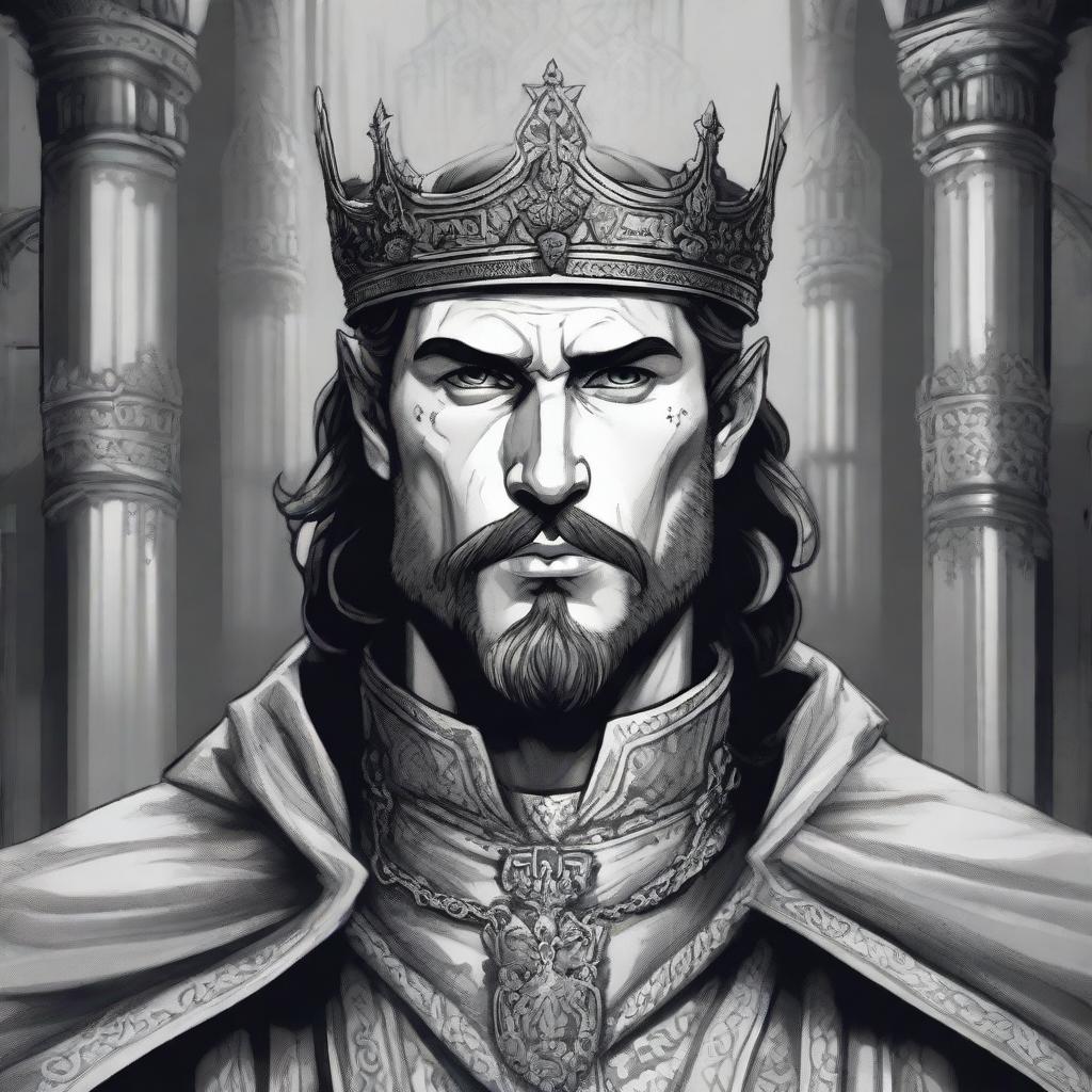 A dark DND illustration in black and white of a 30-year-old medieval lord wearing a crown