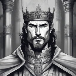 A dark DND illustration in black and white of a 30-year-old medieval lord wearing a crown