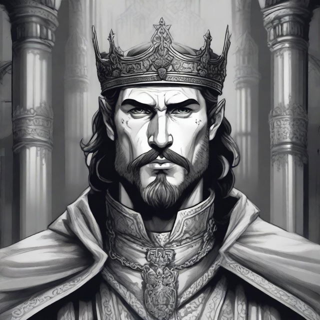 A dark DND illustration in black and white of a 30-year-old medieval lord wearing a crown