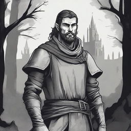 A dark DND illustration in black and white of a 30-year-old medieval retainer